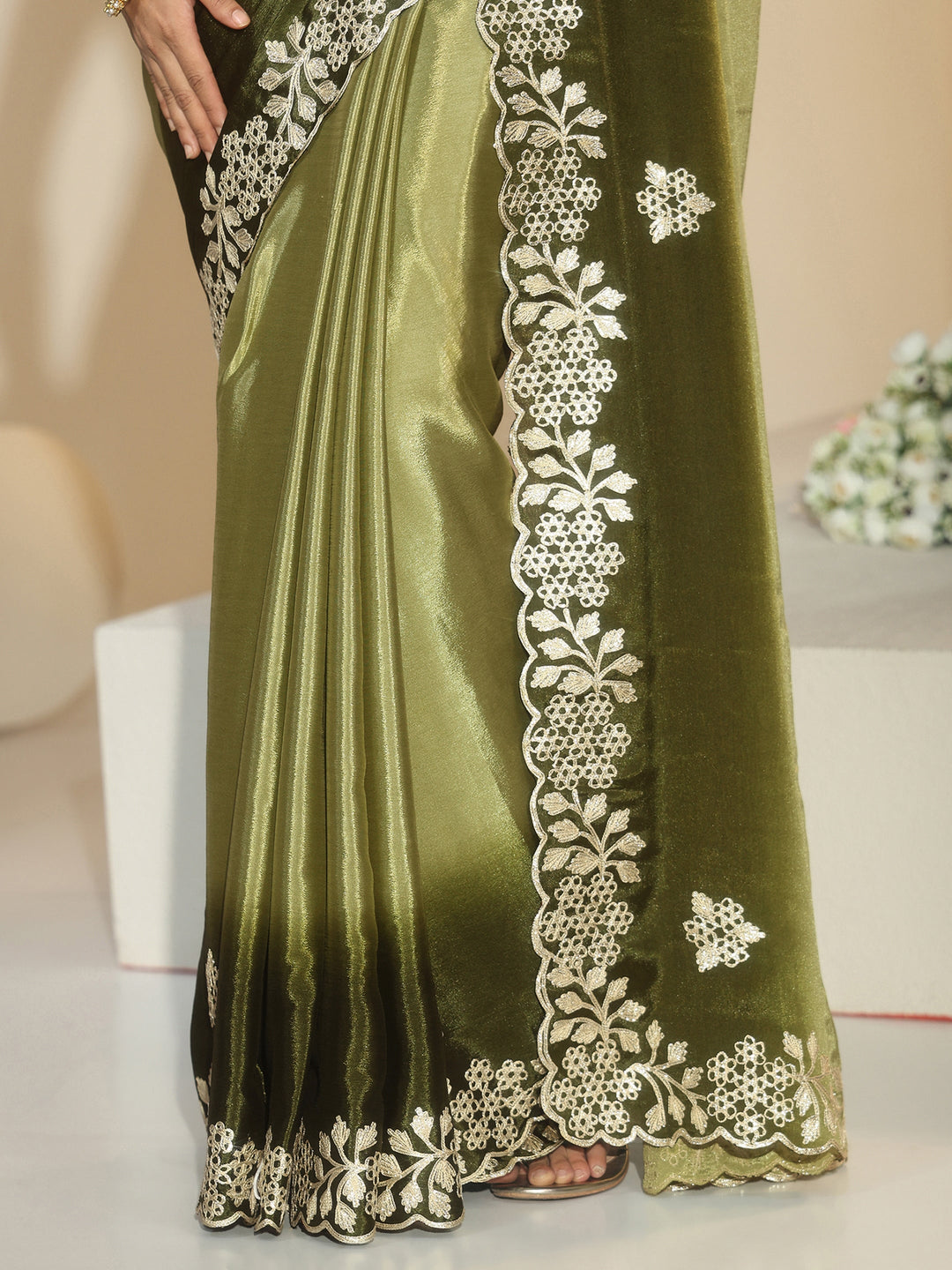  Libas Forest Green Floral Embroidered Ombre Silk Blend Saree 