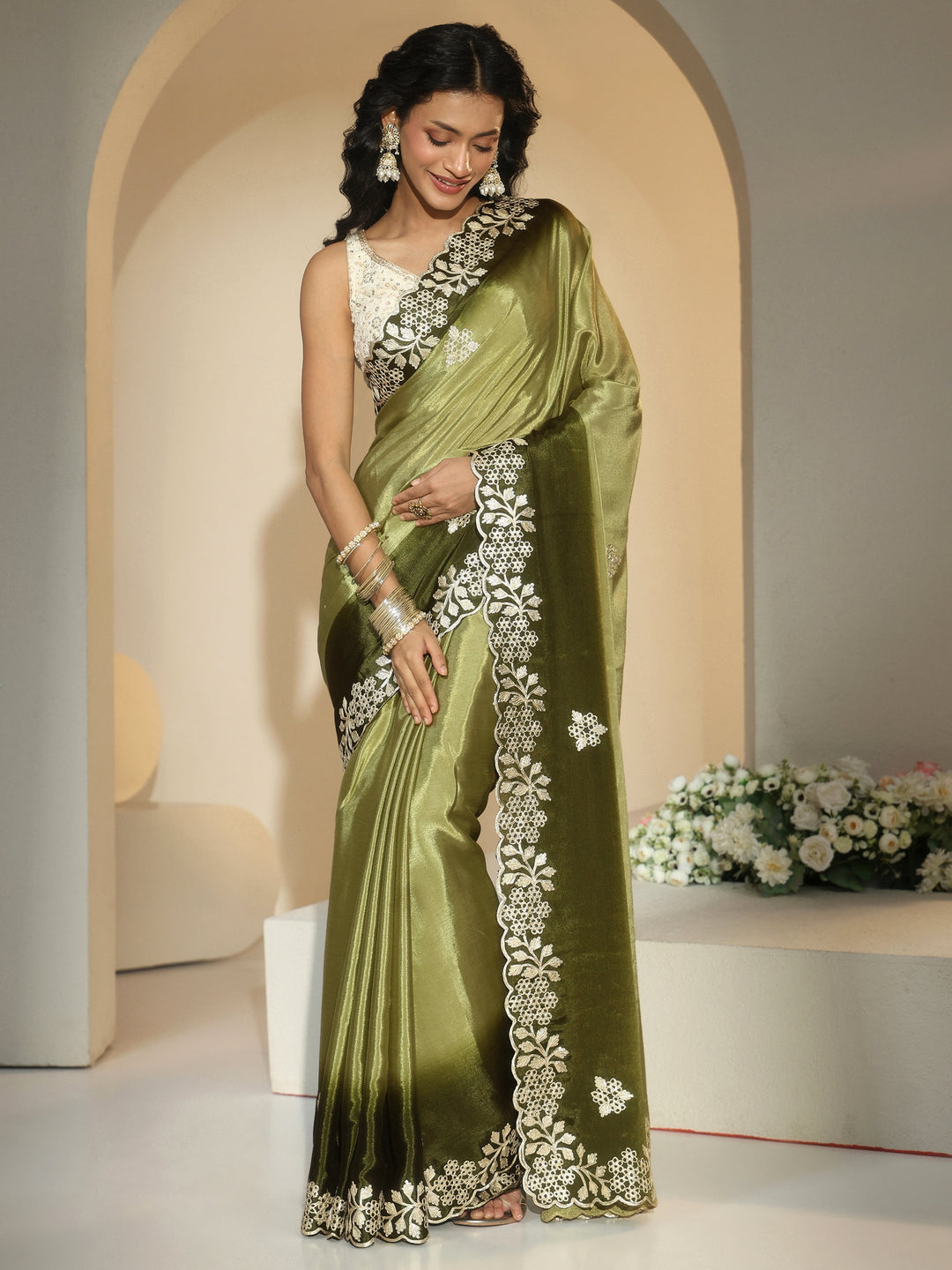  Libas Forest Green Floral Embroidered Ombre Silk Blend Saree 