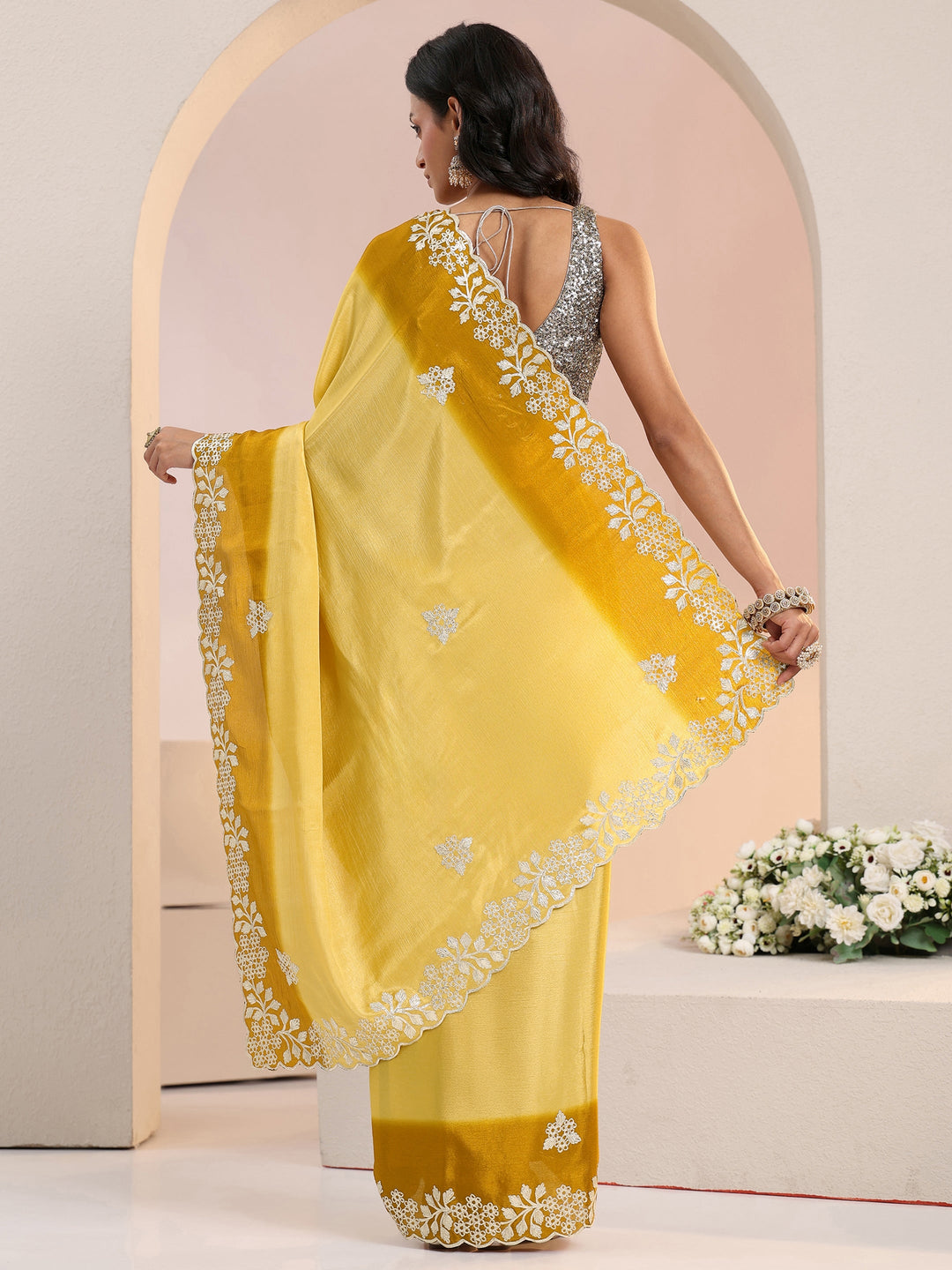  Libas Yellow Floral Embroidered Ombre Silk Blend Saree 