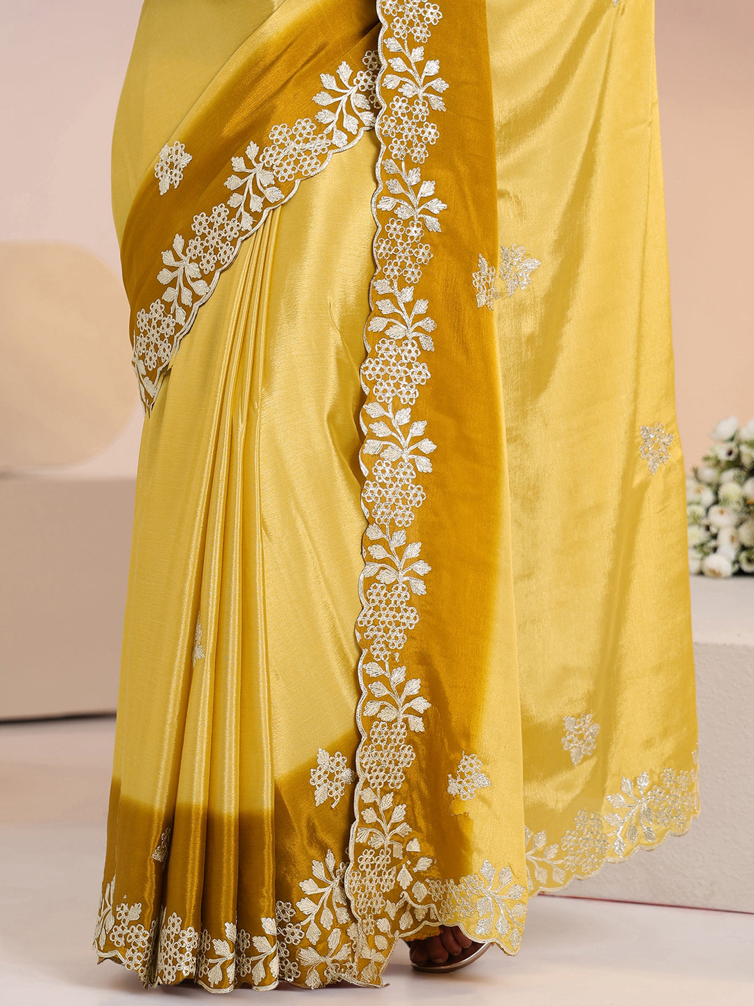  Libas Yellow Floral Embroidered Ombre Silk Blend Saree 