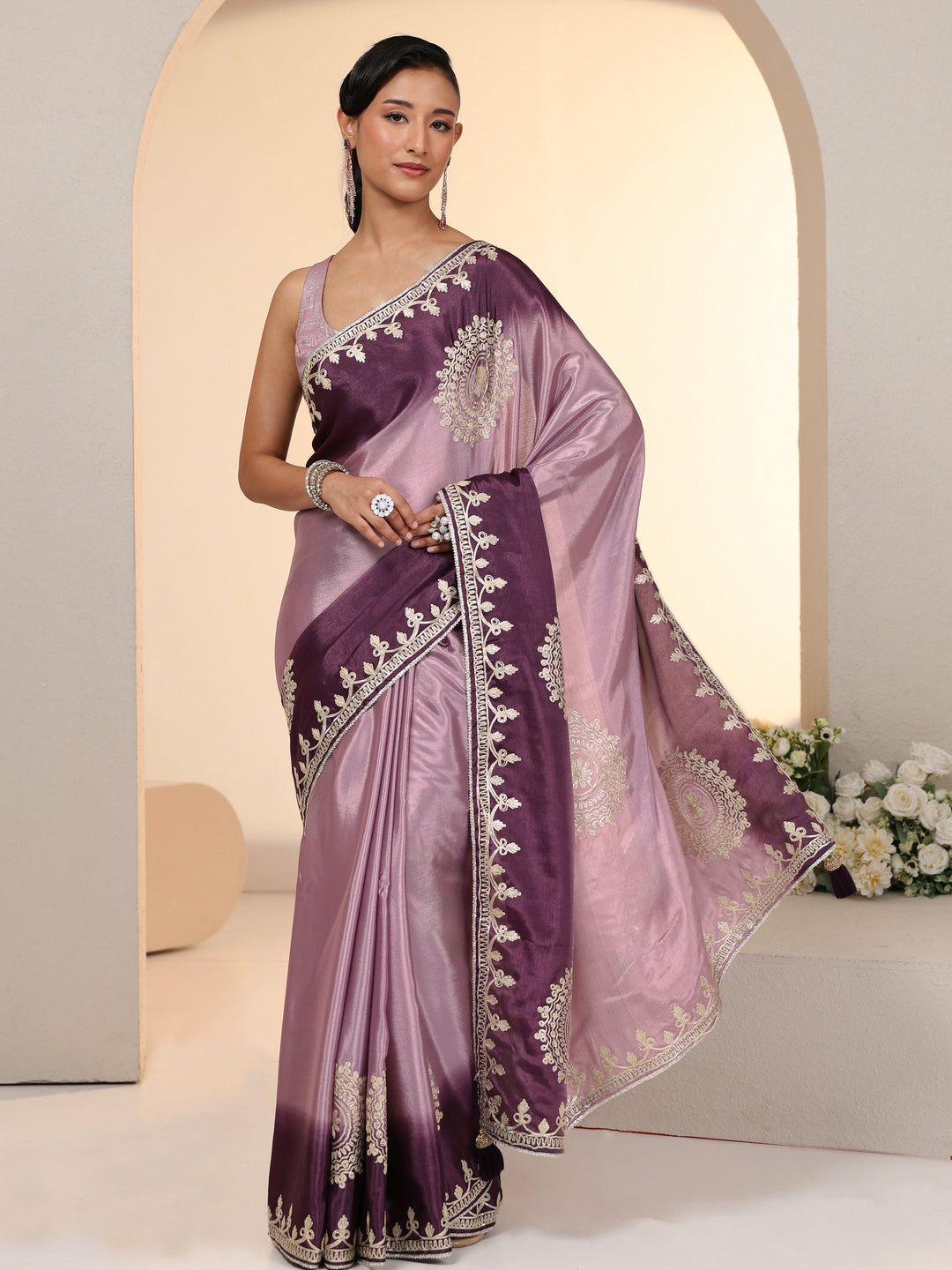  Libas Lavender Mandala Art Embroidered Ombre Silk Blend Saree 