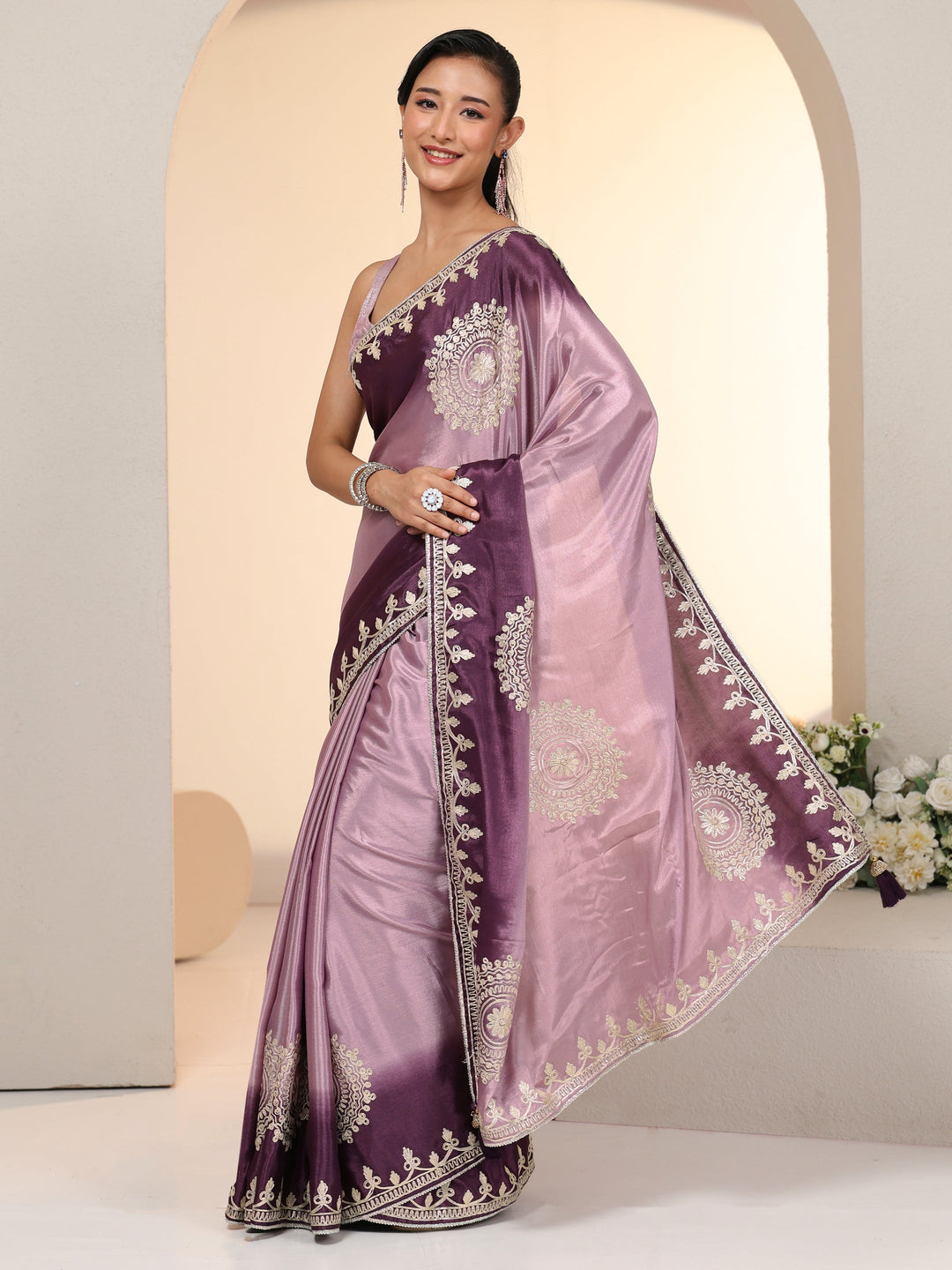  Libas Lavender Mandala Art Embroidered Ombre Silk Blend Saree 