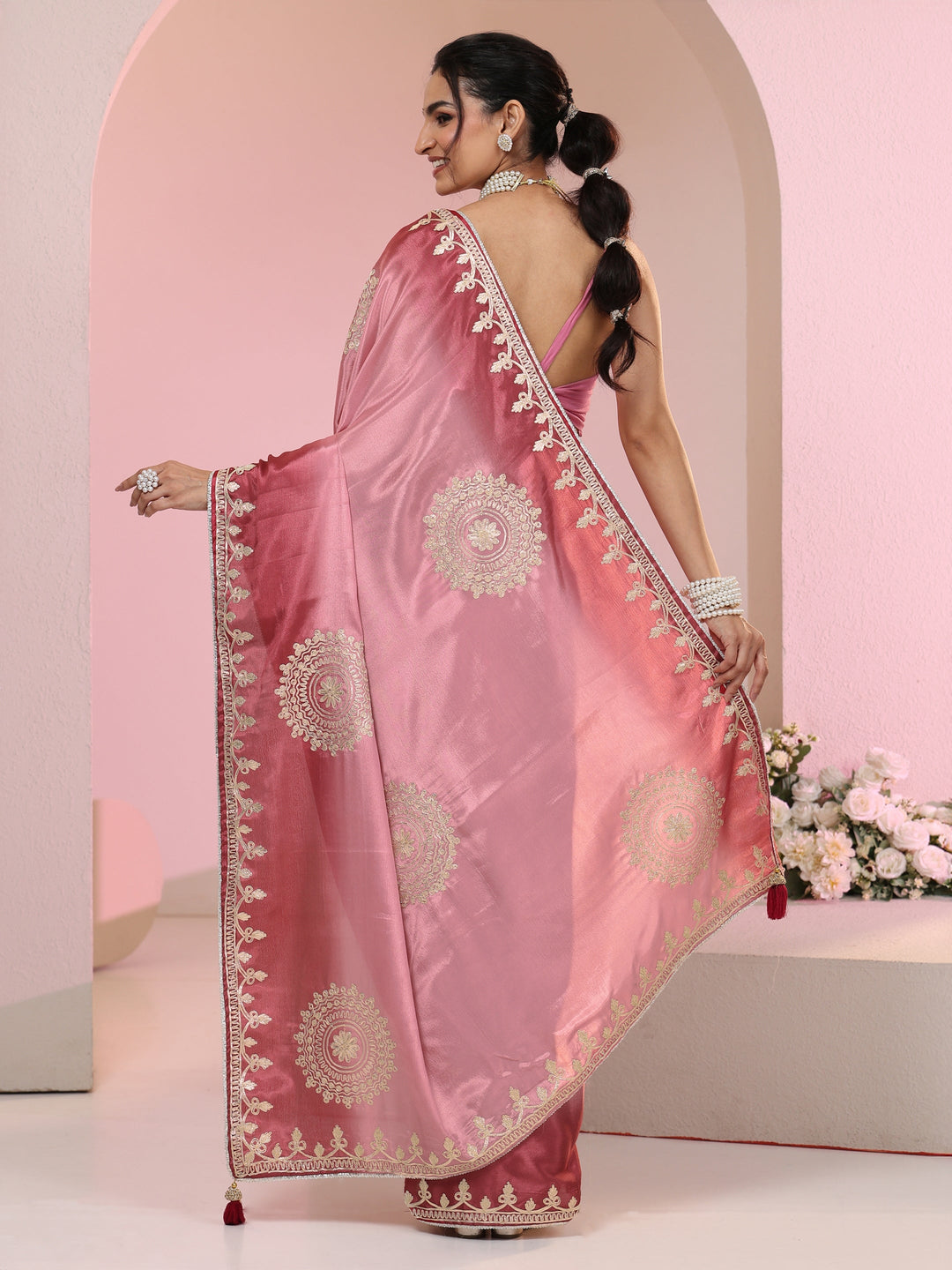  Libas Rose Pink Mandala Art Embroidered Ombre Silk Blend Saree 