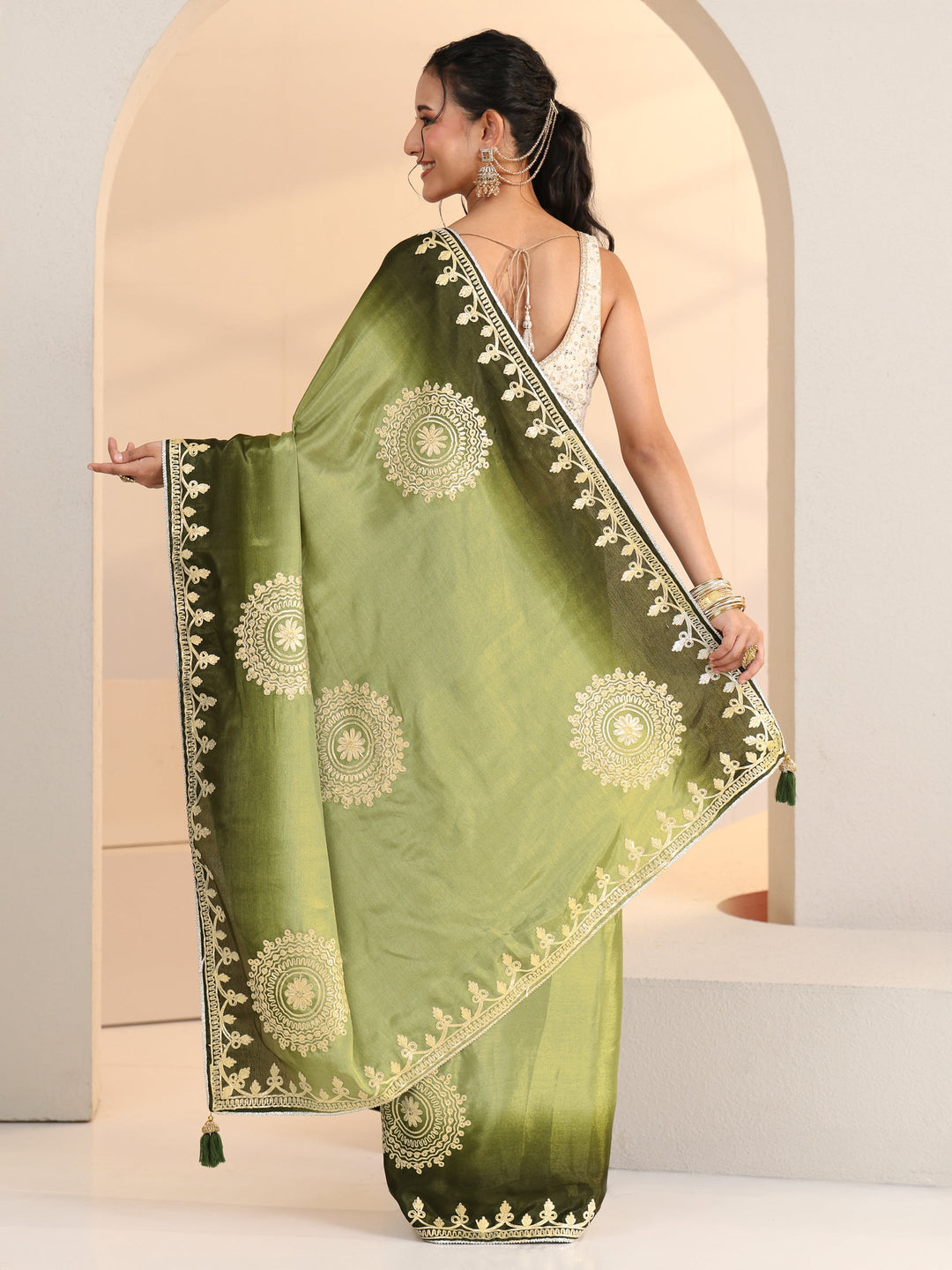 Libas Pista Green Mandala Art Embroidered Ombre Silk Blend Saree 