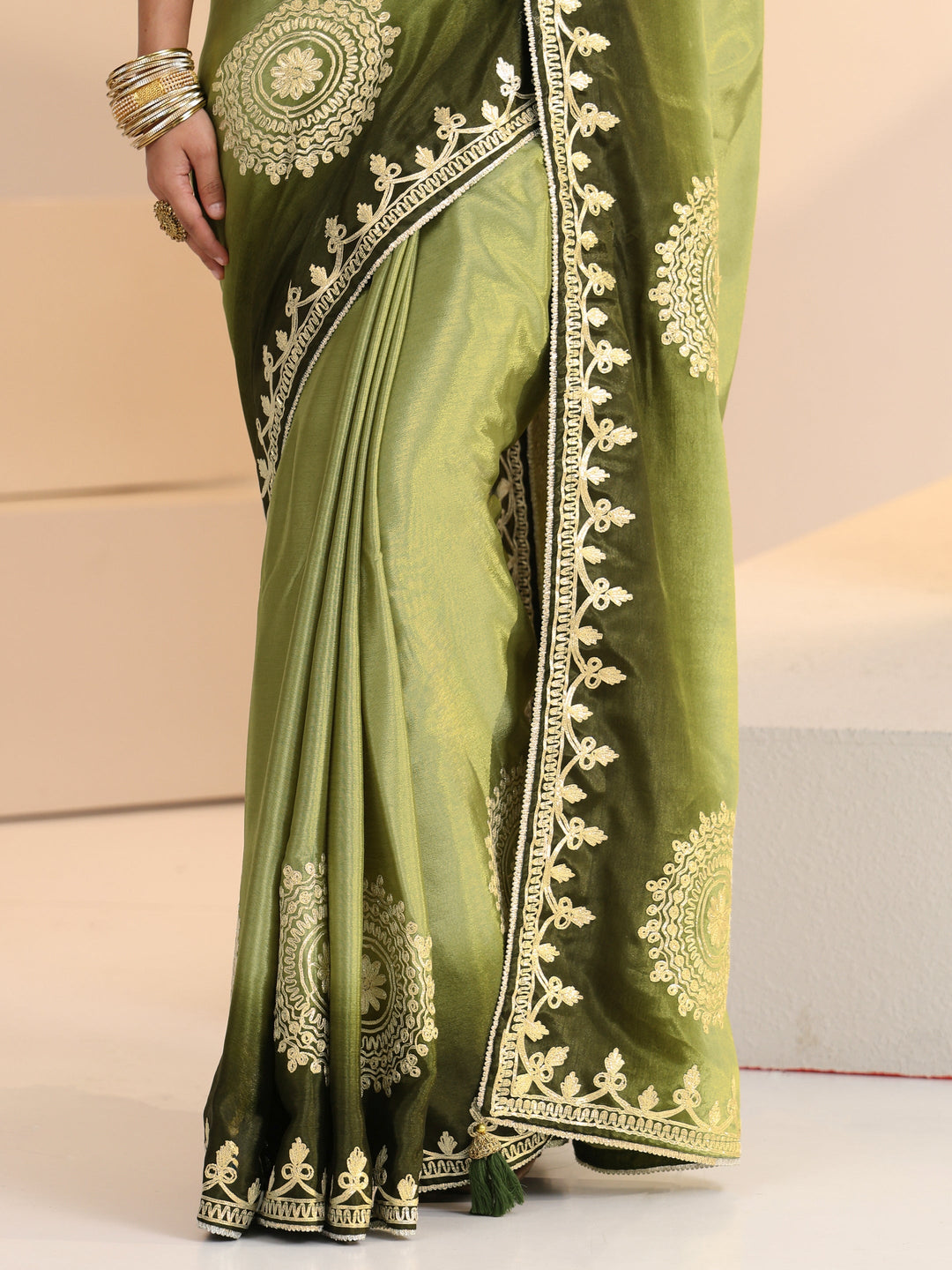  Libas Pista Green Mandala Art Embroidered Ombre Silk Blend Saree 