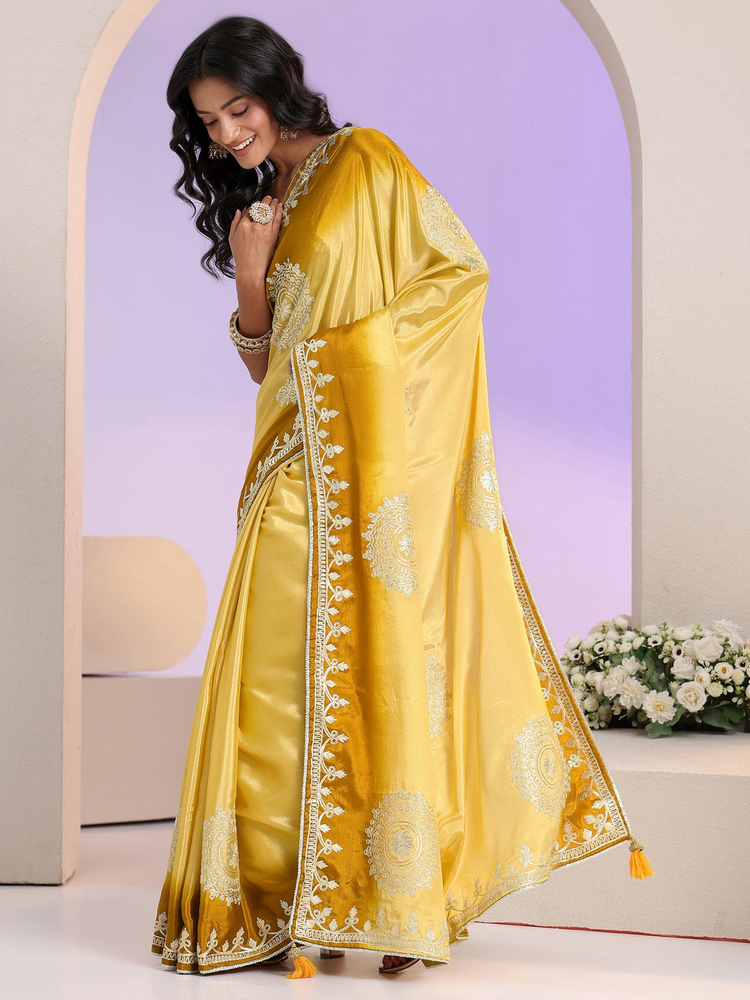  Libas Yellow Mandala Art Embroidered Ombre Silk Blend Saree 