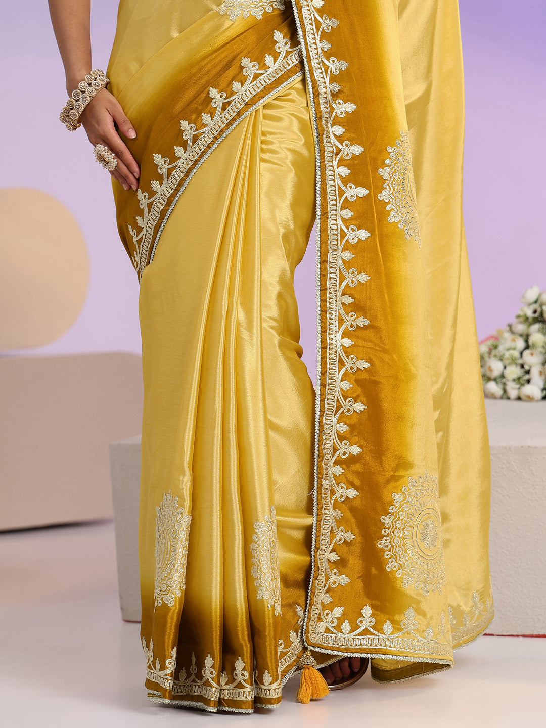  Libas Yellow Mandala Art Embroidered Ombre Silk Blend Saree 