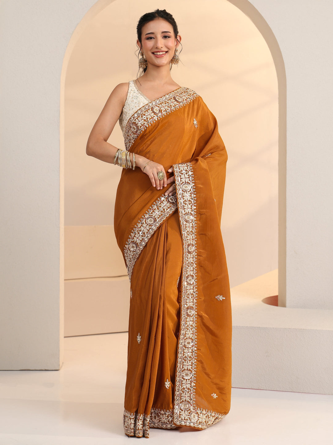  Libas Rust Embroidered Silk Blend Saree 