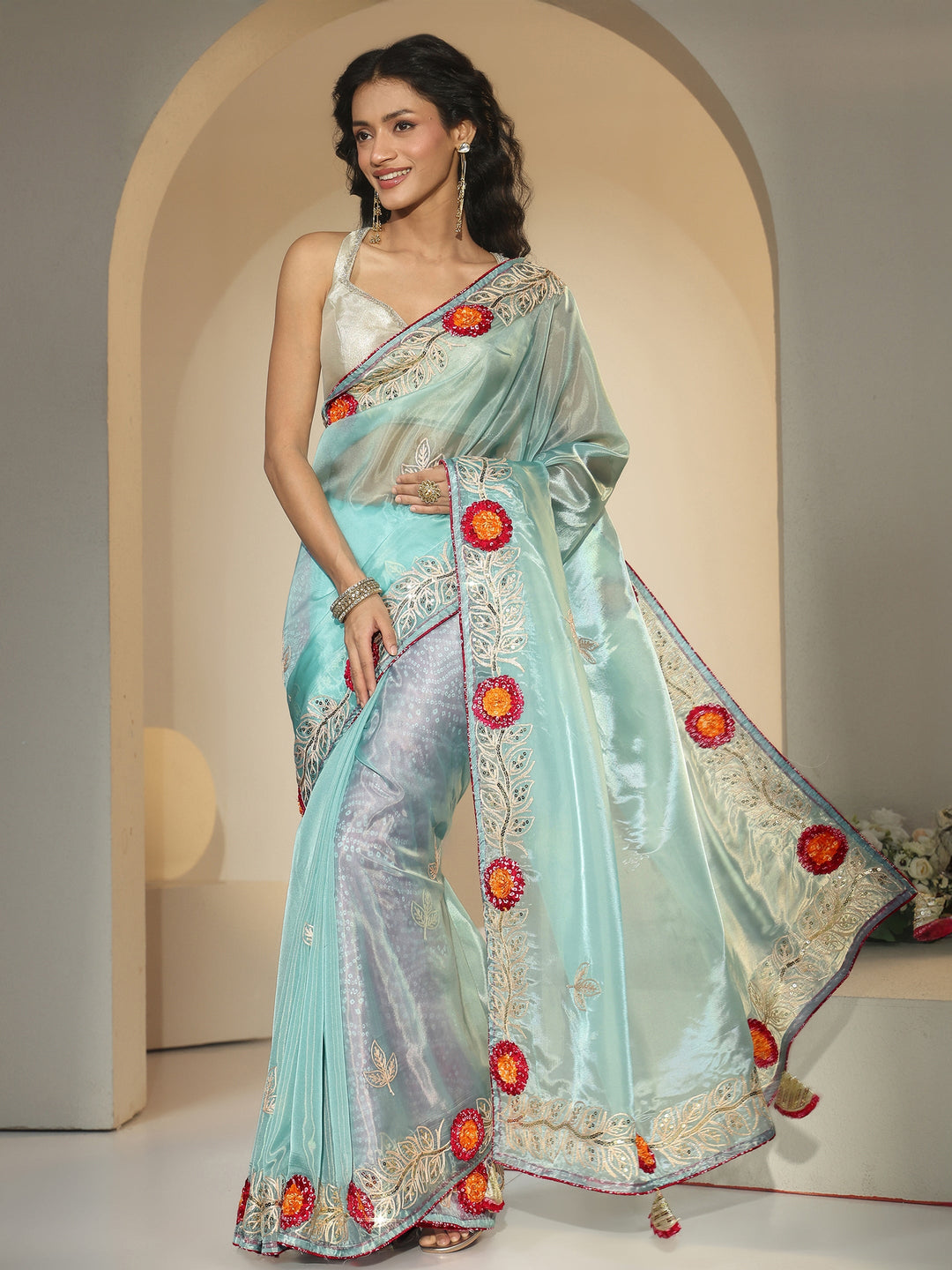  Libas Powder Blue Floral Embellished Tissue Saree 