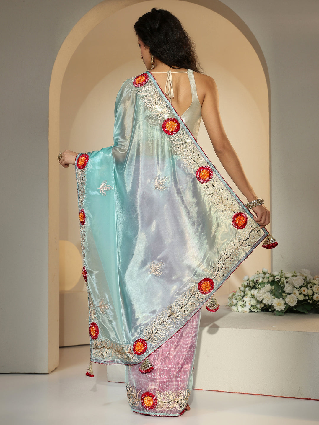  Libas Powder Blue Floral Embellished Tissue Saree 