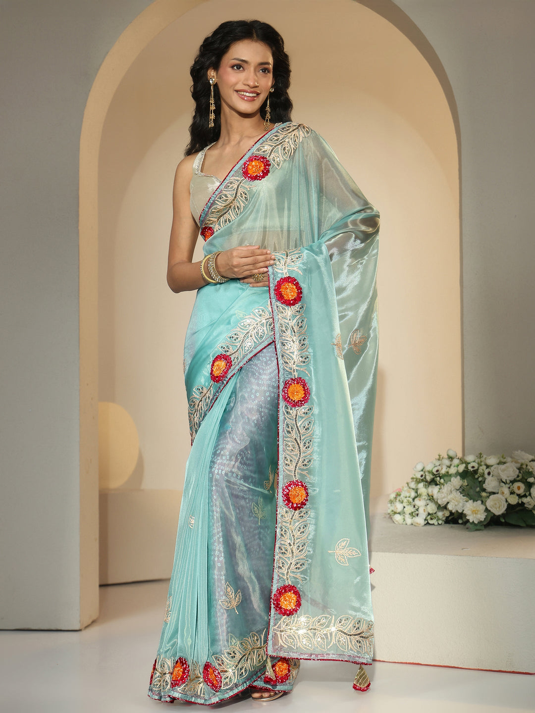  Libas Powder Blue Floral Embellished Tissue Saree 