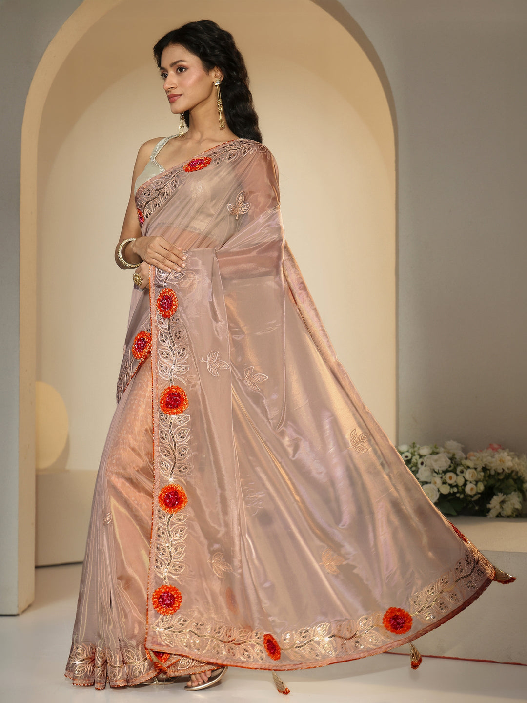  Libas Beige Floral Embellished Tissue Saree 