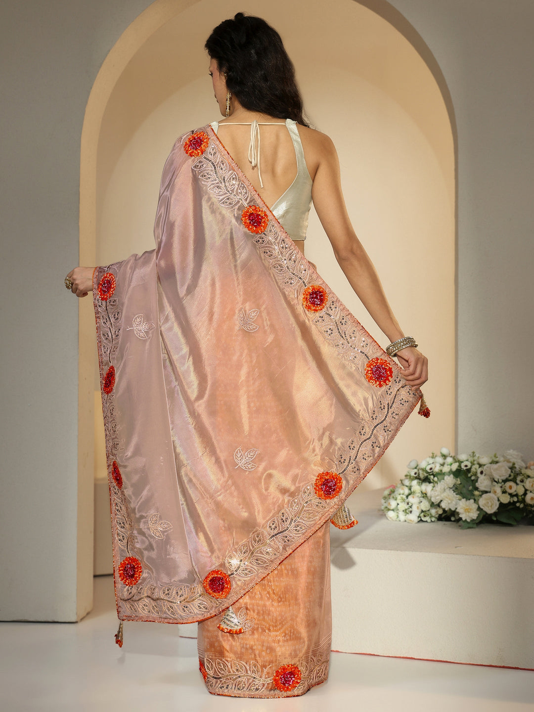  Libas Beige Floral Embellished Tissue Saree 