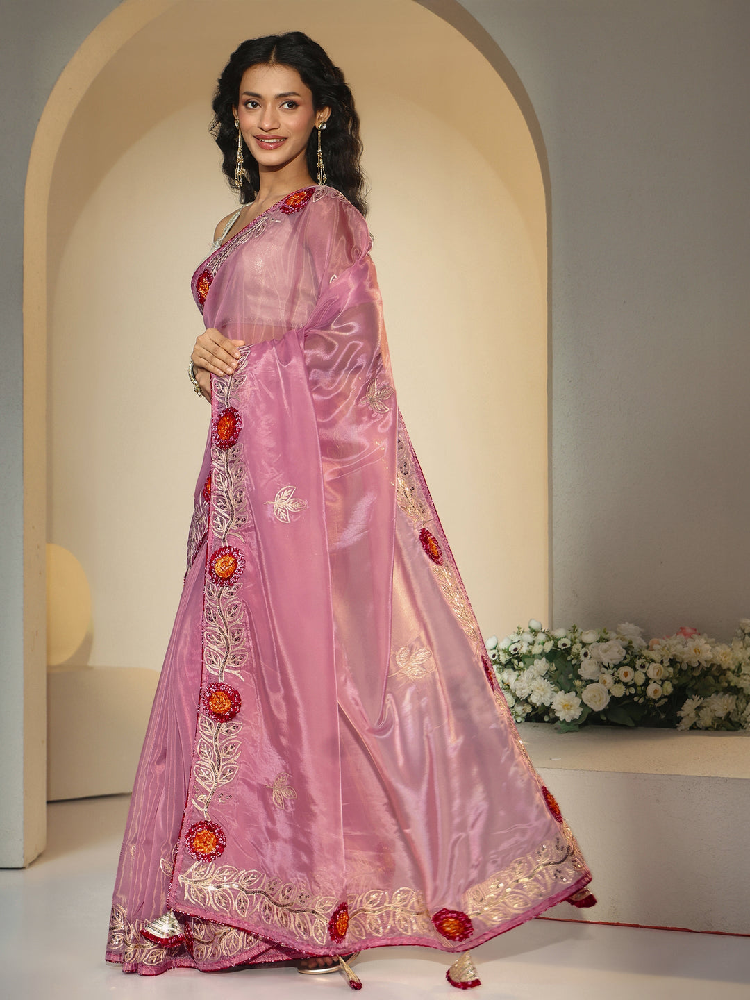  Libas Dusty Rose Pink Floral Embellished Tissue Saree 
