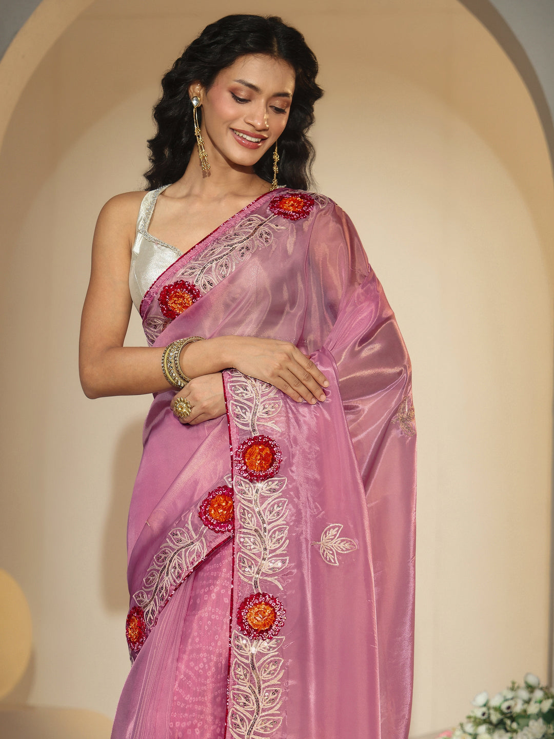  Libas Dusty Rose Pink Floral Embellished Tissue Saree 