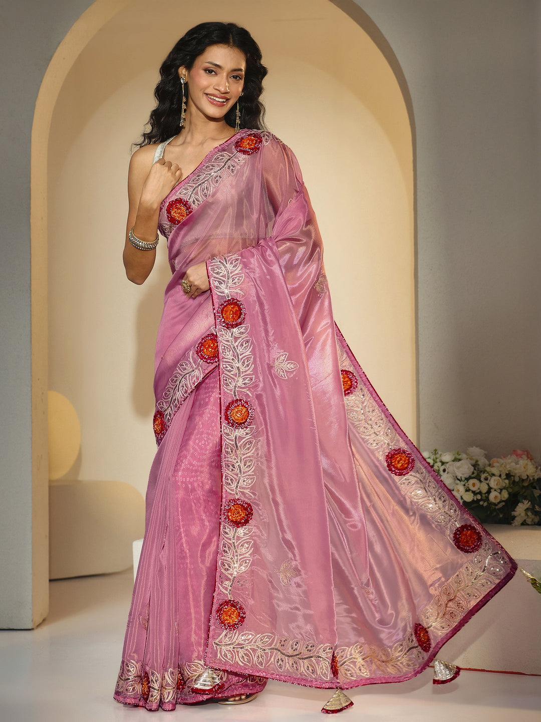  Libas Dusty Rose Pink Floral Embellished Tissue Saree 