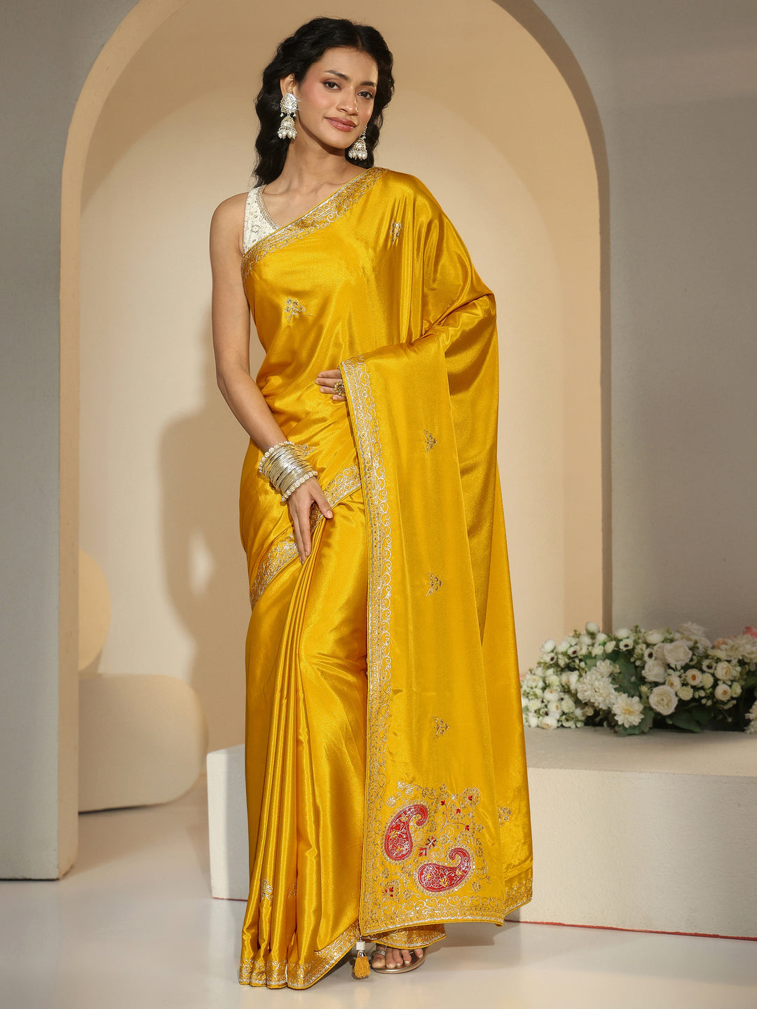  Libas Mustard Embroidered Silk Blend Saree 