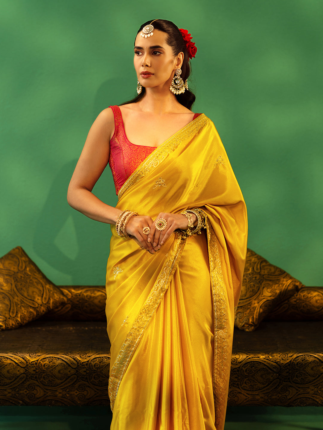 Libas Mustard Embroidered Silk Blend Saree