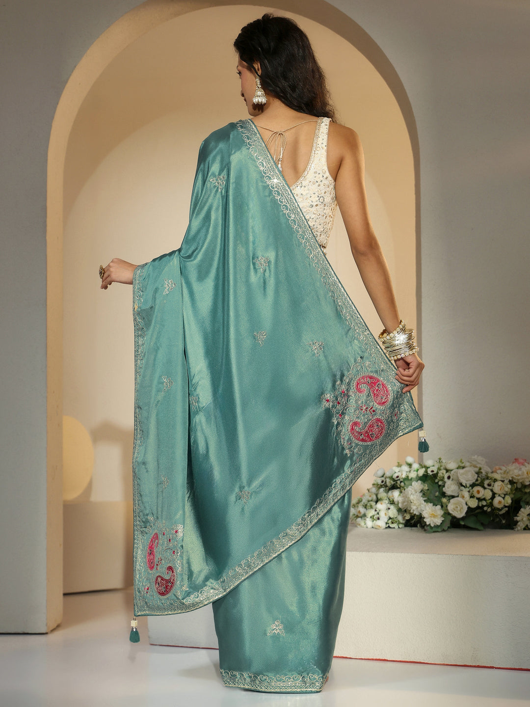  Libas Aqua Green Embroidered Silk Blend Saree 