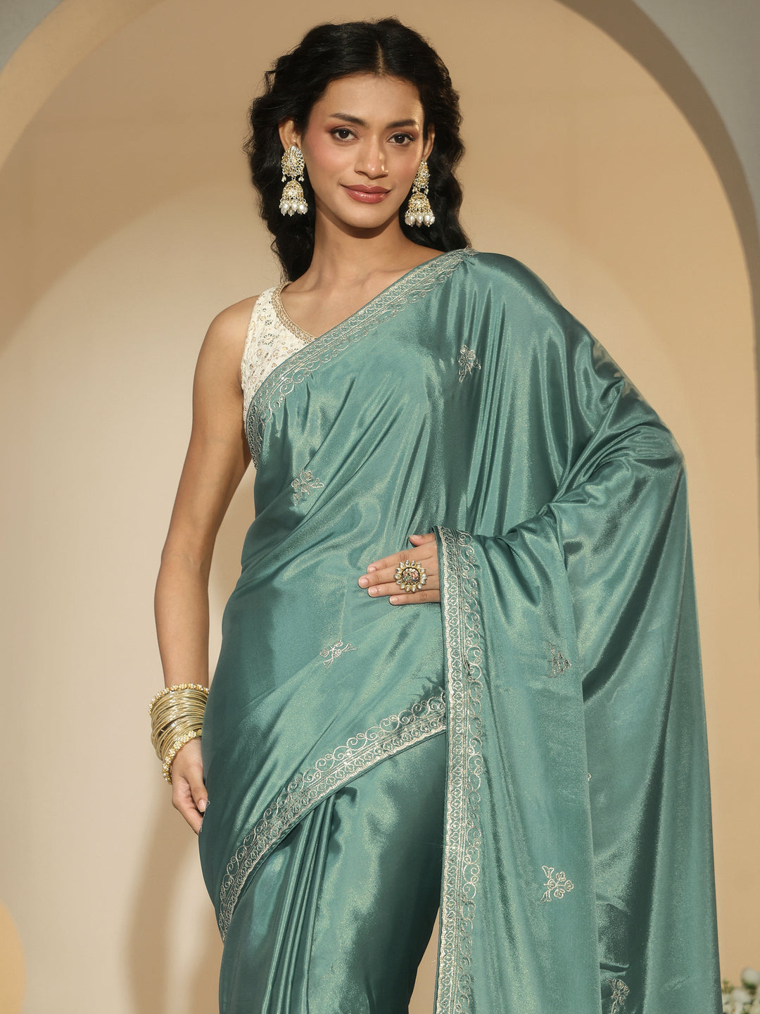  Libas Aqua Green Embroidered Silk Blend Saree 