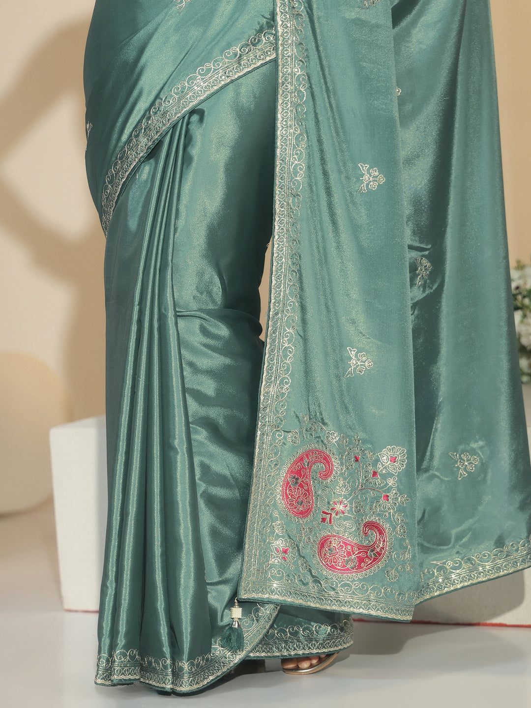  Libas Aqua Green Embroidered Silk Blend Saree 