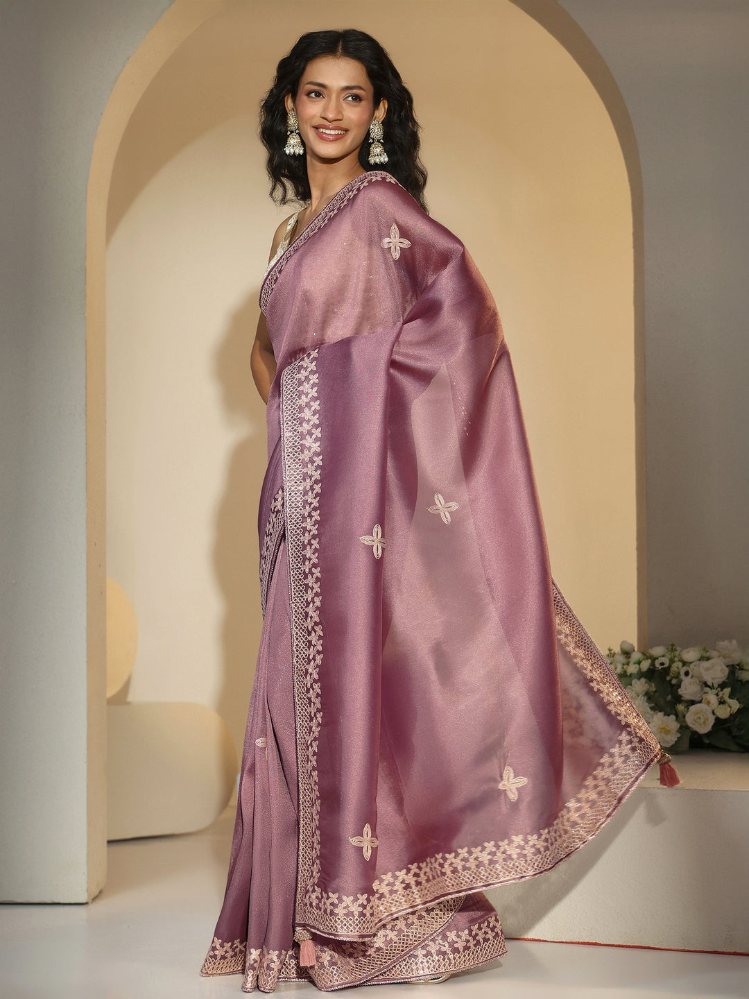  Libas Mauve Mirror Work Embellished Tissue Saree 