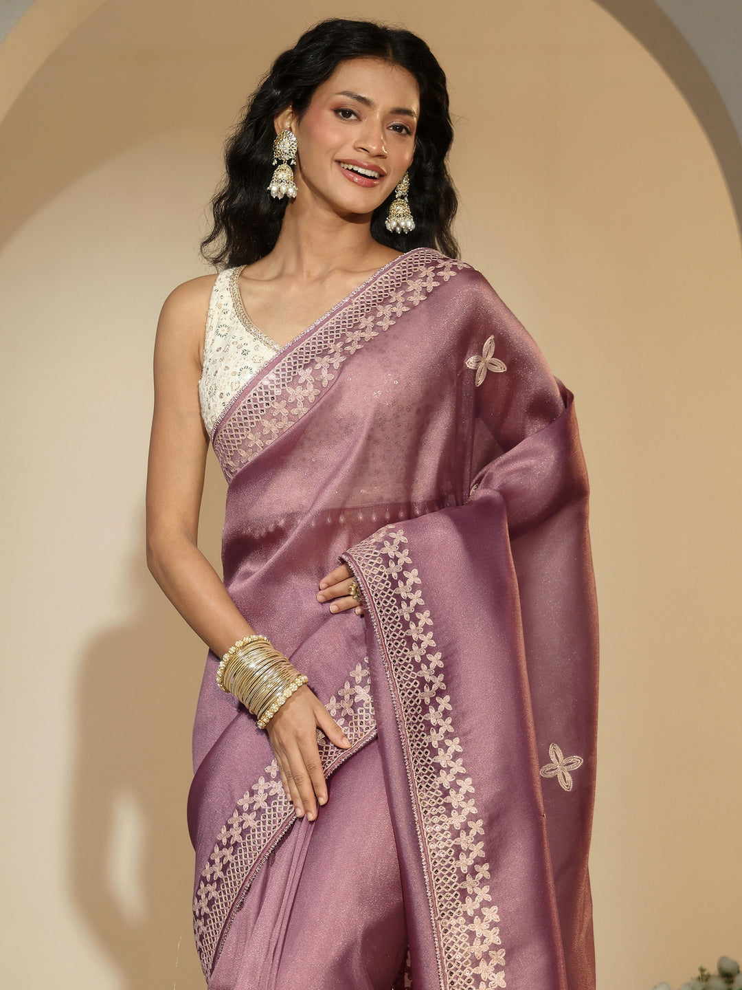  Libas Mauve Mirror Work Embellished Tissue Saree 