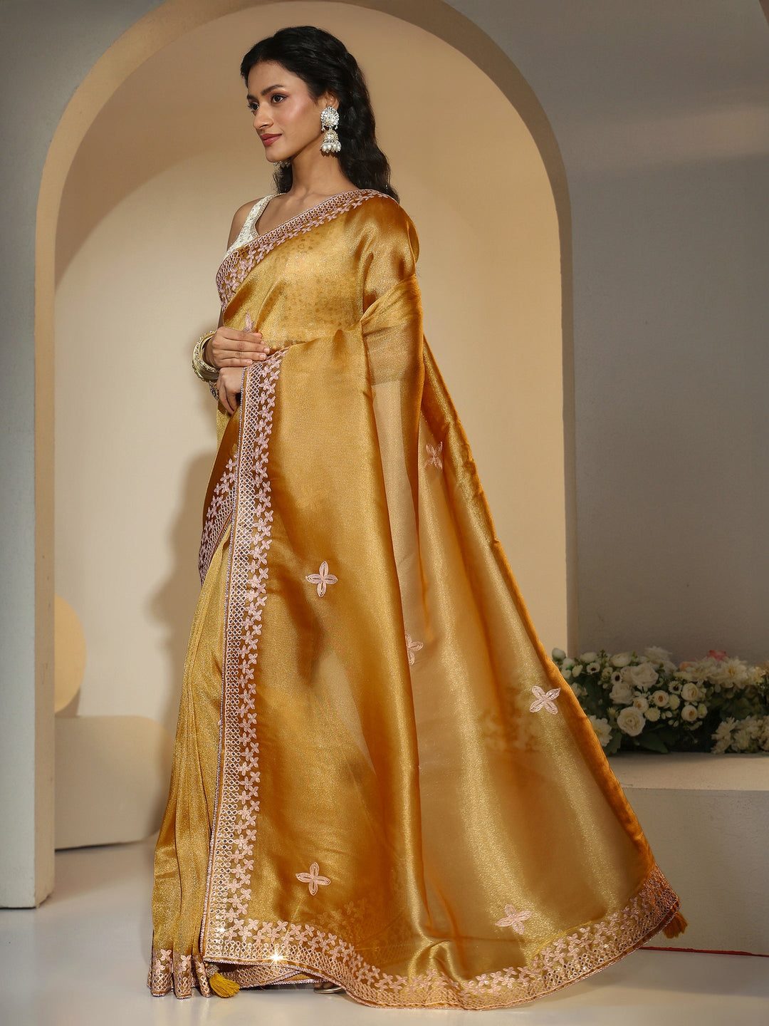 Libas Mustard Mirror Work Embellished Tissue Saree 
