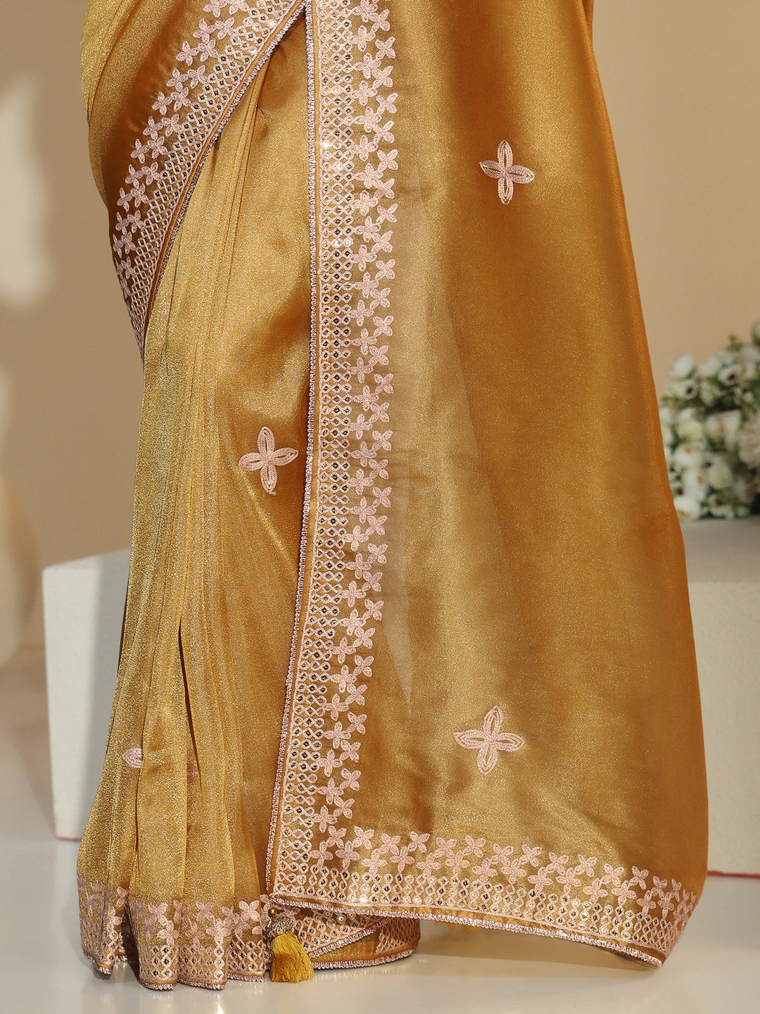  Libas Mustard Mirror Work Embellished Tissue Saree 
