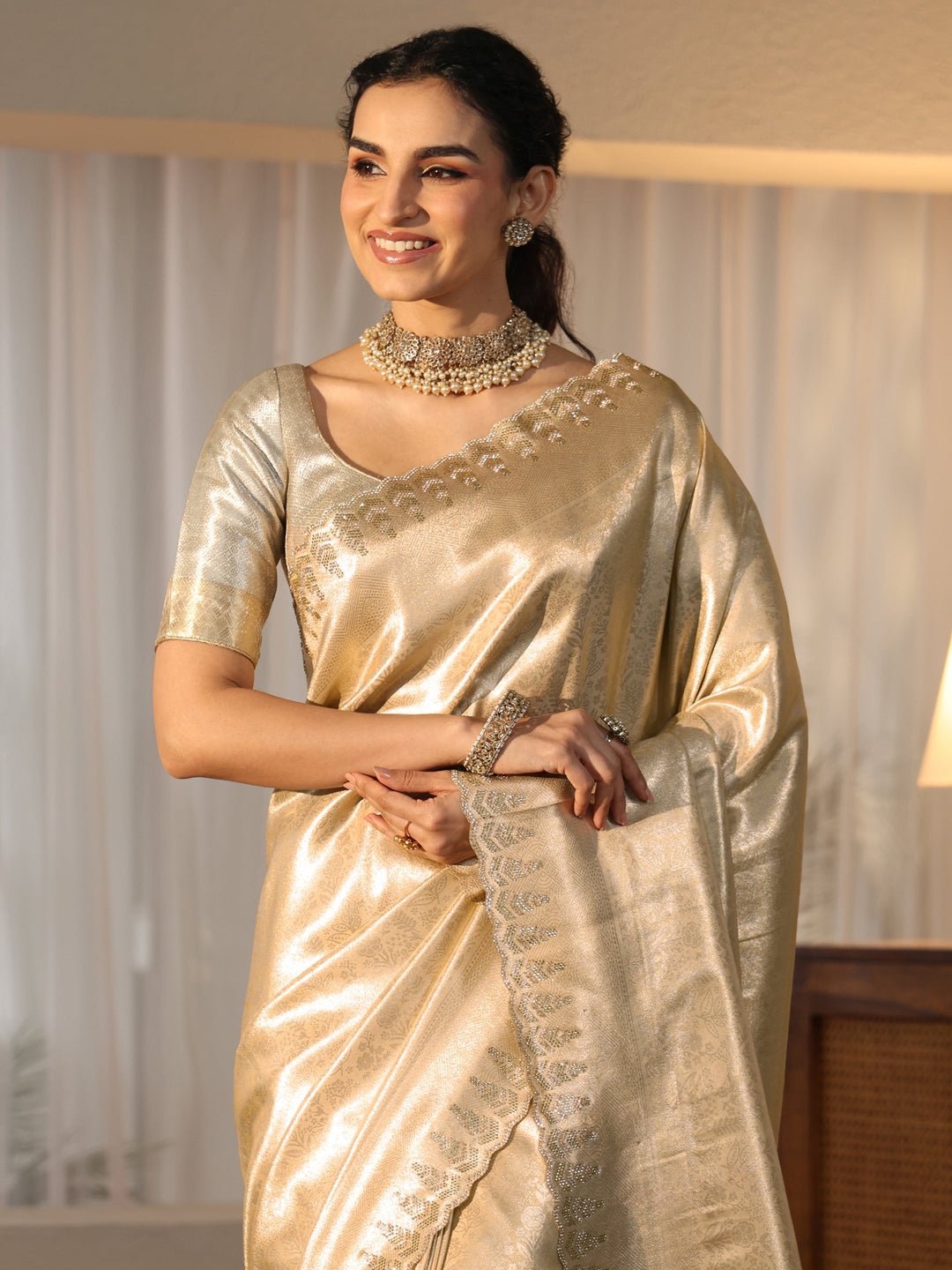  Libas Art Gold Silk Blend Saree with Embellished Border 