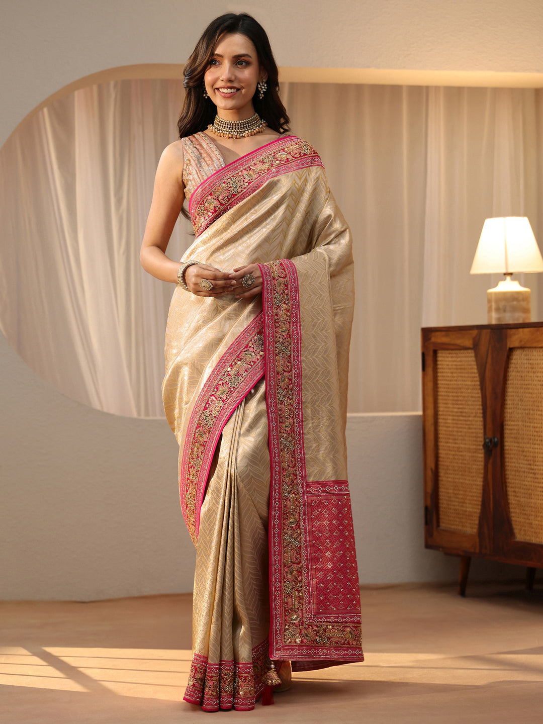  Libas Art Gold Silk Blend Saree with Embroidered Border 