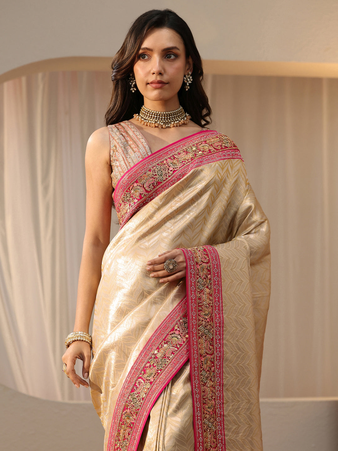  Libas Art Gold Silk Blend Saree with Embroidered Border 