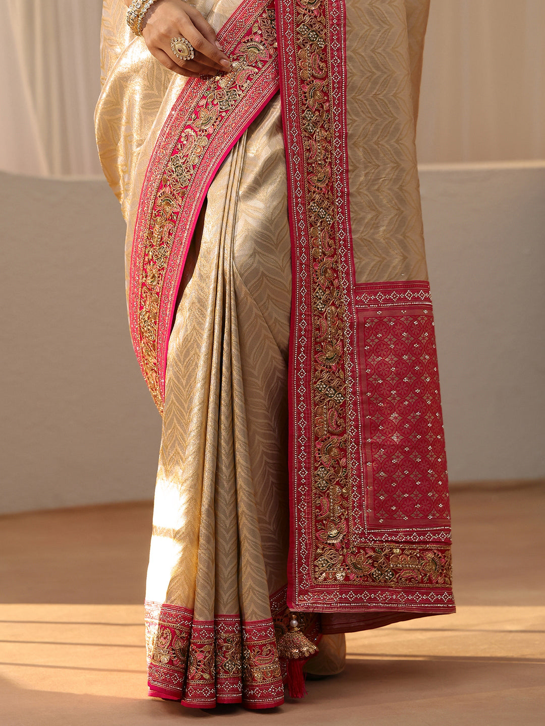  Libas Art Gold Silk Blend Saree with Embroidered Border 