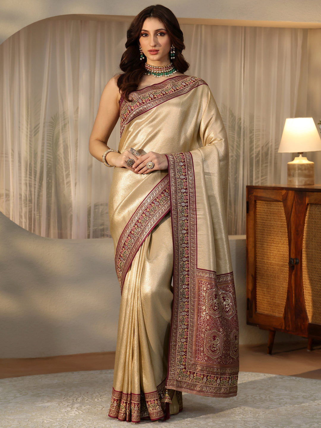  Libas Art Gold Silk Blend Saree with Embroidered Border 