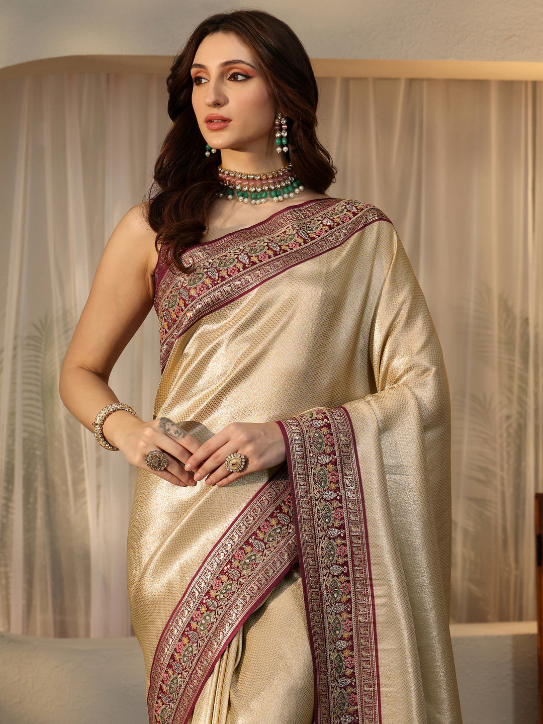  Libas Art Gold Silk Blend Saree with Embroidered Border 
