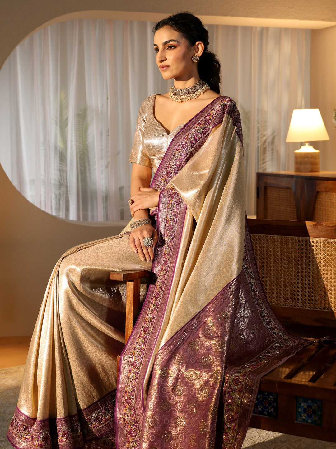  Libas Art Gold Silk Blend Saree with Embroidered Border 