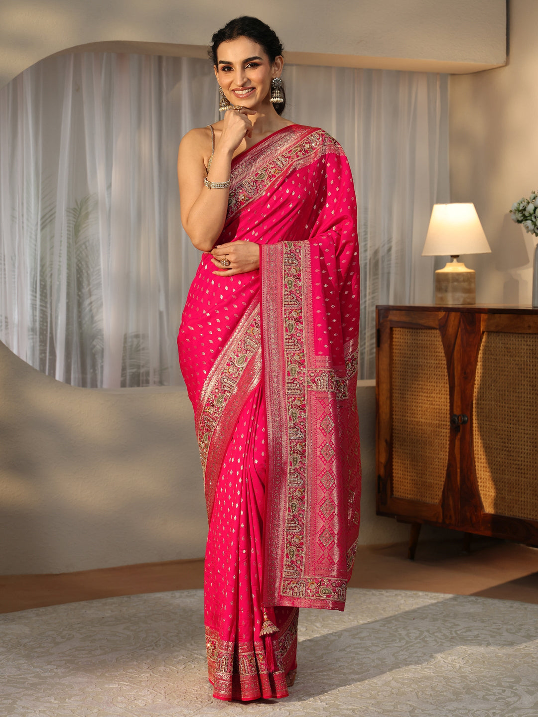 Libas Art Rani Pink Silk Blend Saree with Woven Border 