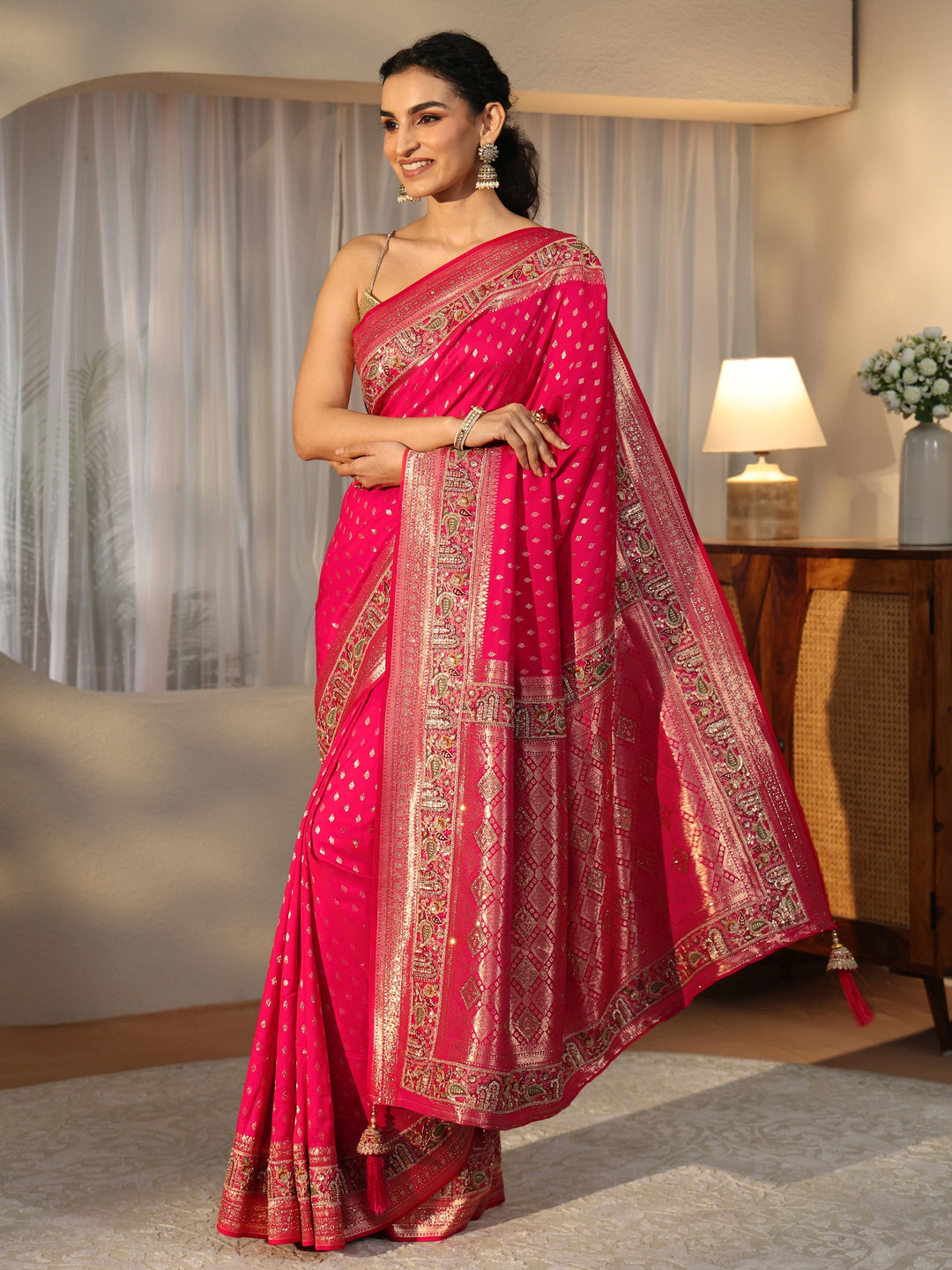  Libas Art Rani Pink Silk Blend Saree with Woven Border 