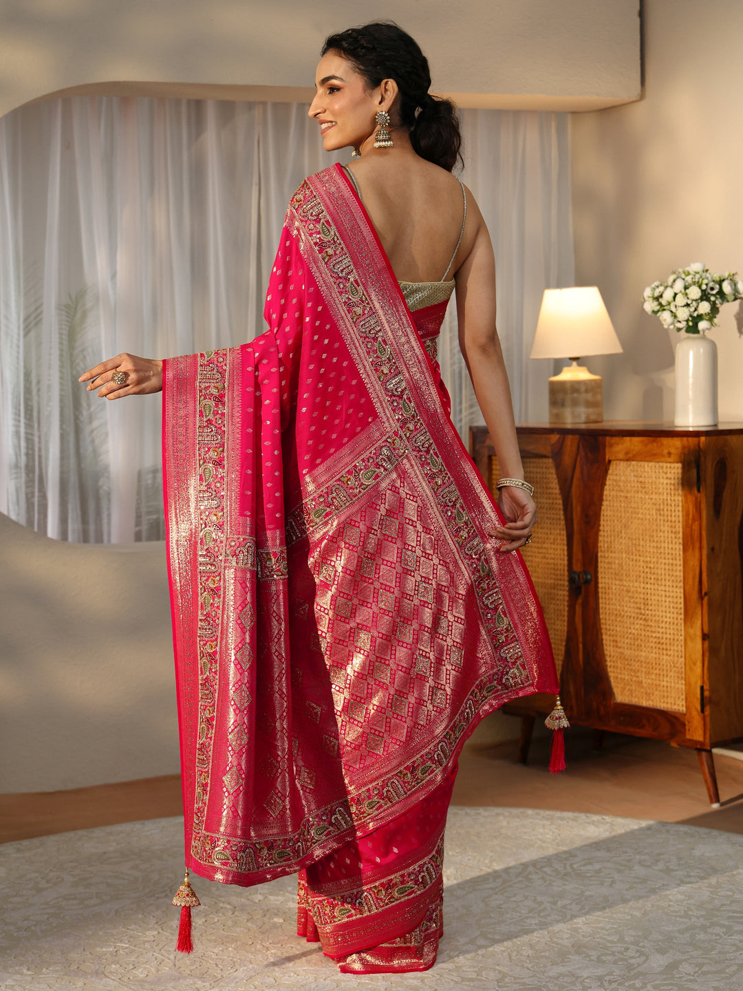  Libas Art Rani Pink Silk Blend Saree with Woven Border 