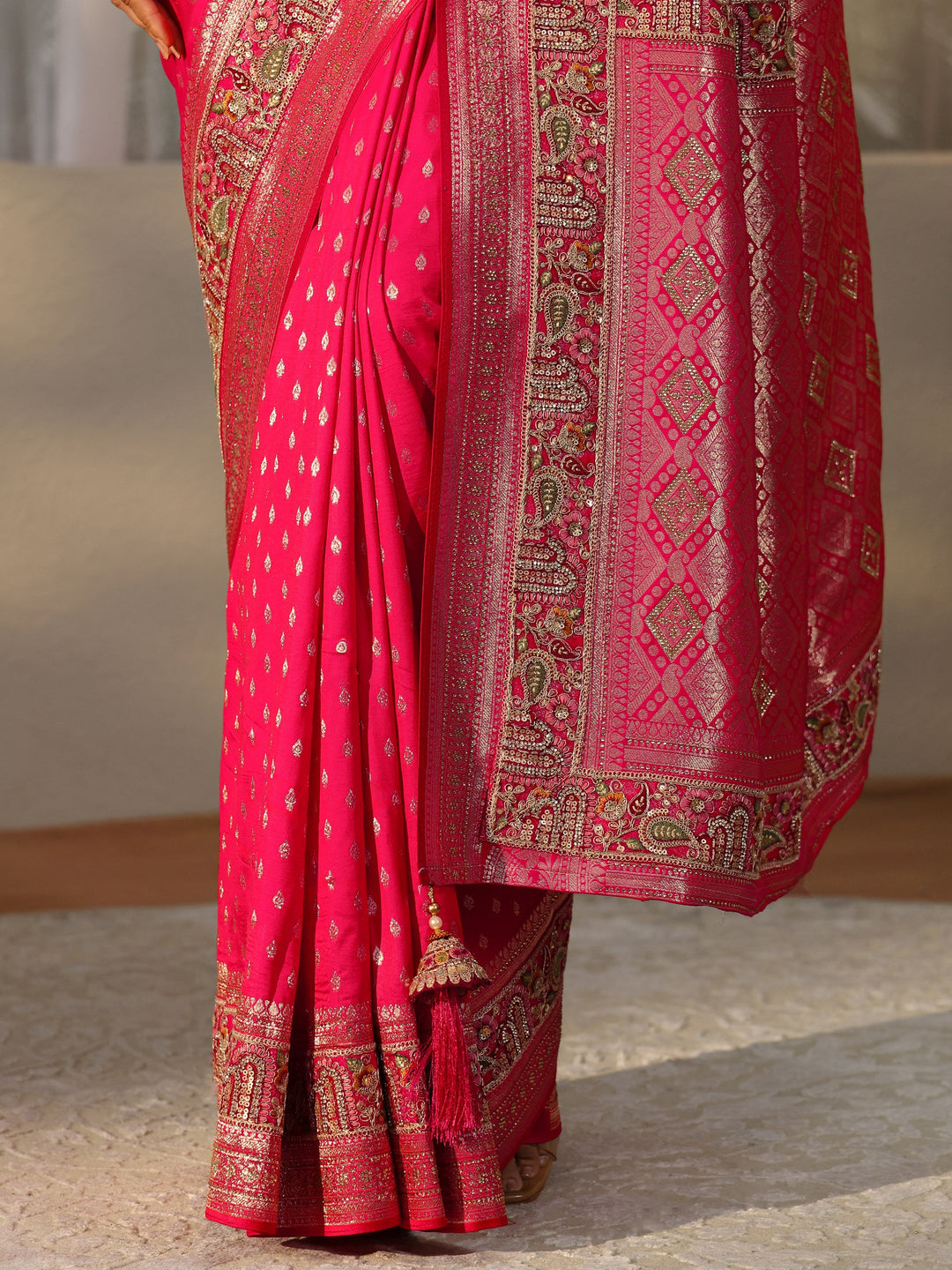  Libas Art Rani Pink Silk Blend Saree with Woven Border 