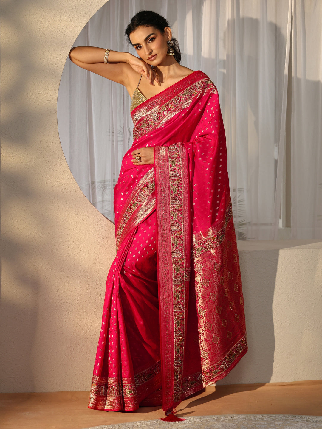  Libas Art Rani Pink Silk Blend Saree with Woven Border 