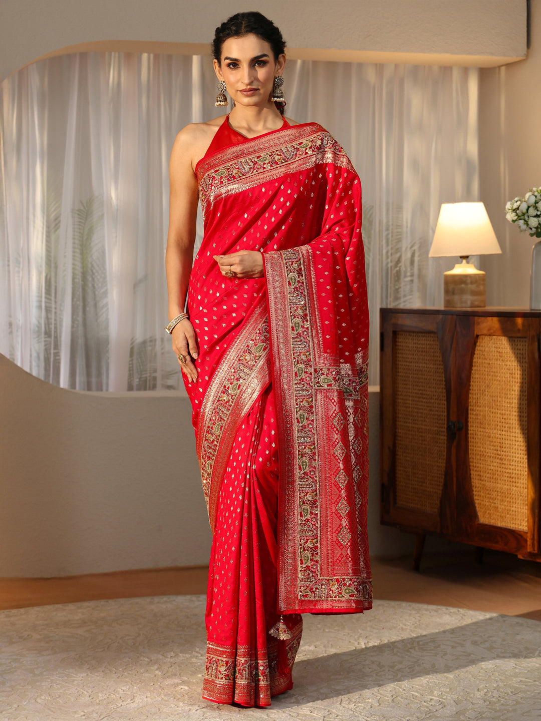  Libas Art Vermilion Red Silk Blend Saree with Woven Border 