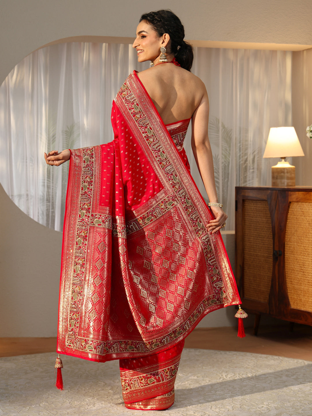  Libas Art Vermilion Red Silk Blend Saree with Woven Border 