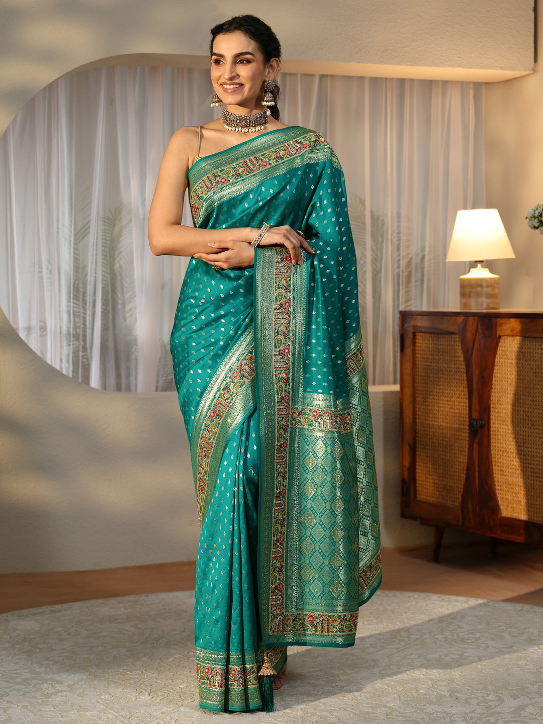  Libas Art Teal Green Silk Blend Saree with Woven Border 