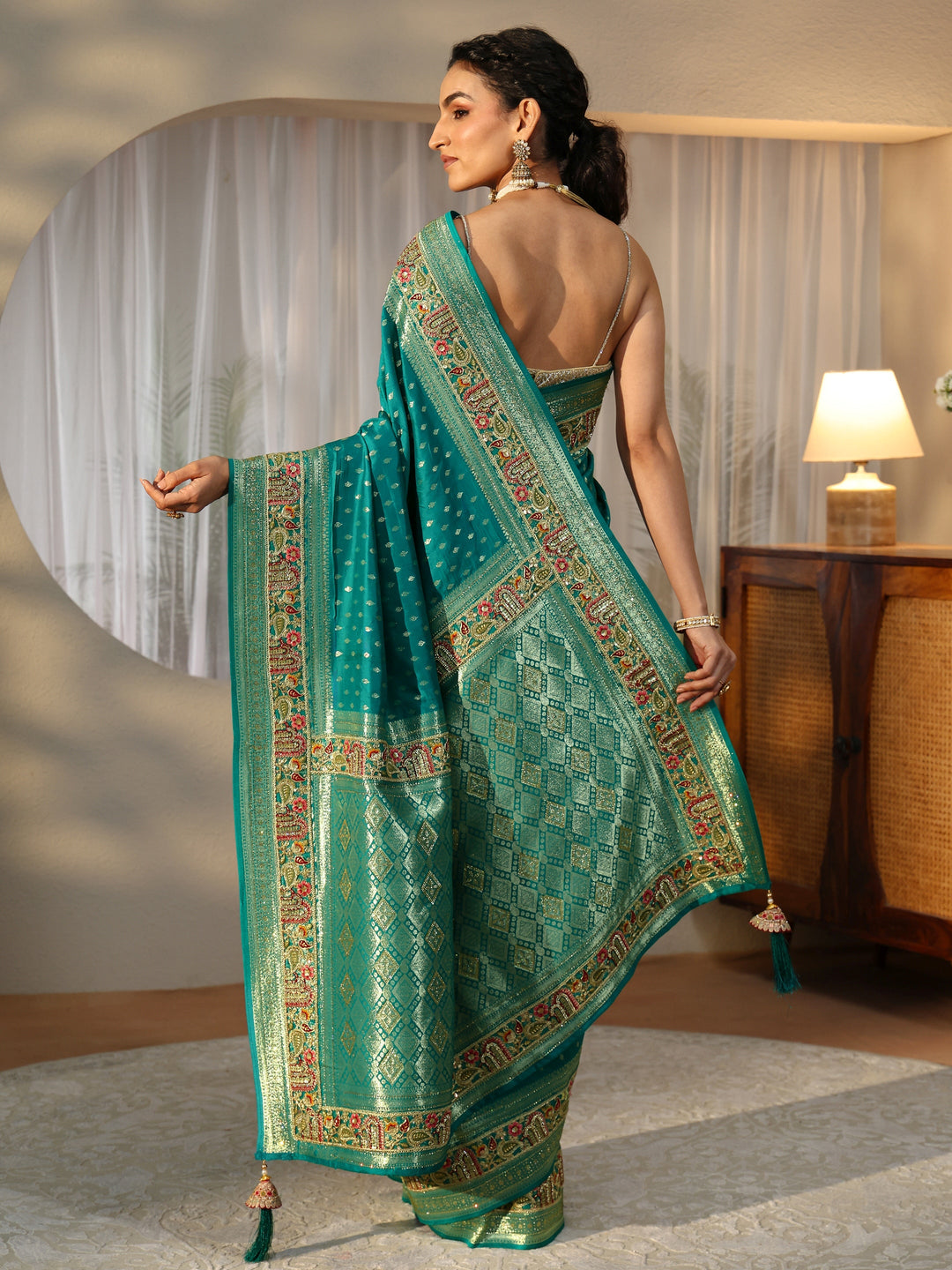  Libas Art Teal Green Silk Blend Saree with Woven Border 