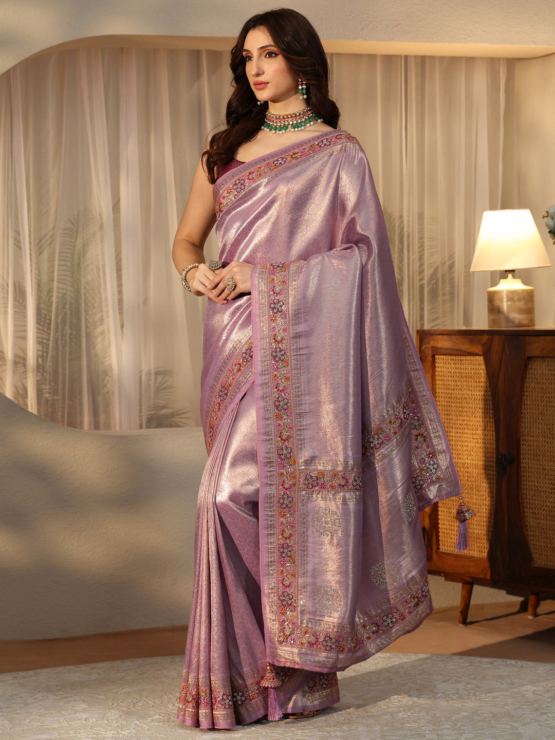  Libas Art Lavender Silk Blend Saree with Embroidered Border 