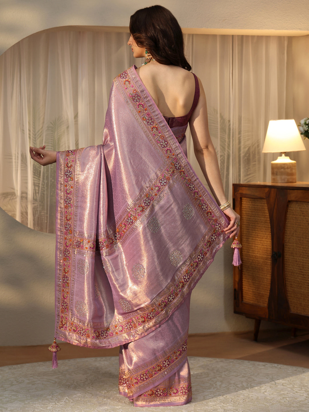  Libas Art Lavender Silk Blend Saree with Embroidered Border 