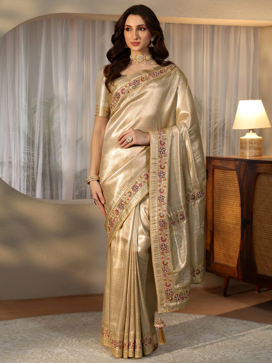  Libas Art Gold Silk Blend Saree with Embroidered Border 