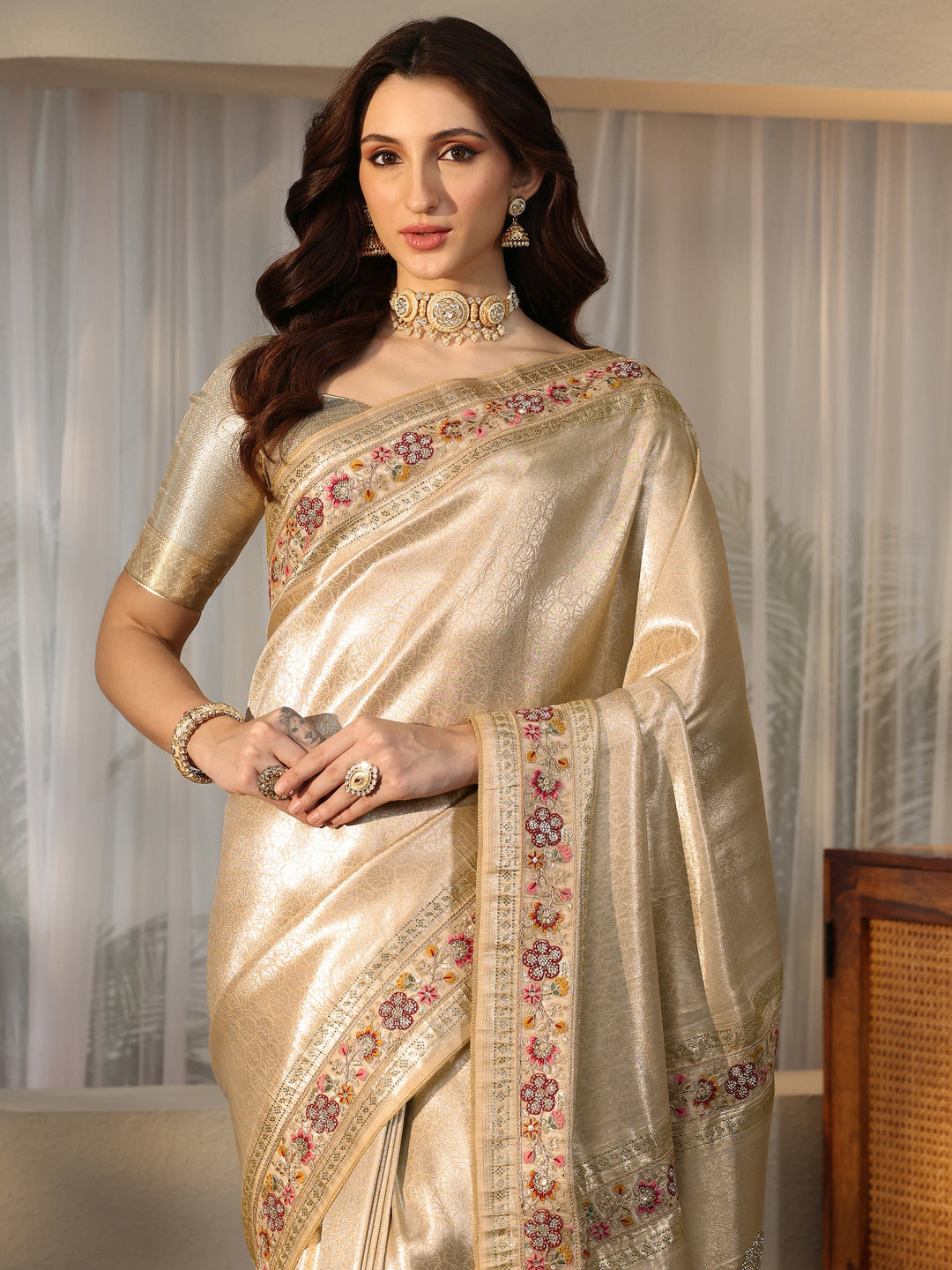  Libas Art Gold Silk Blend Saree with Embroidered Border 