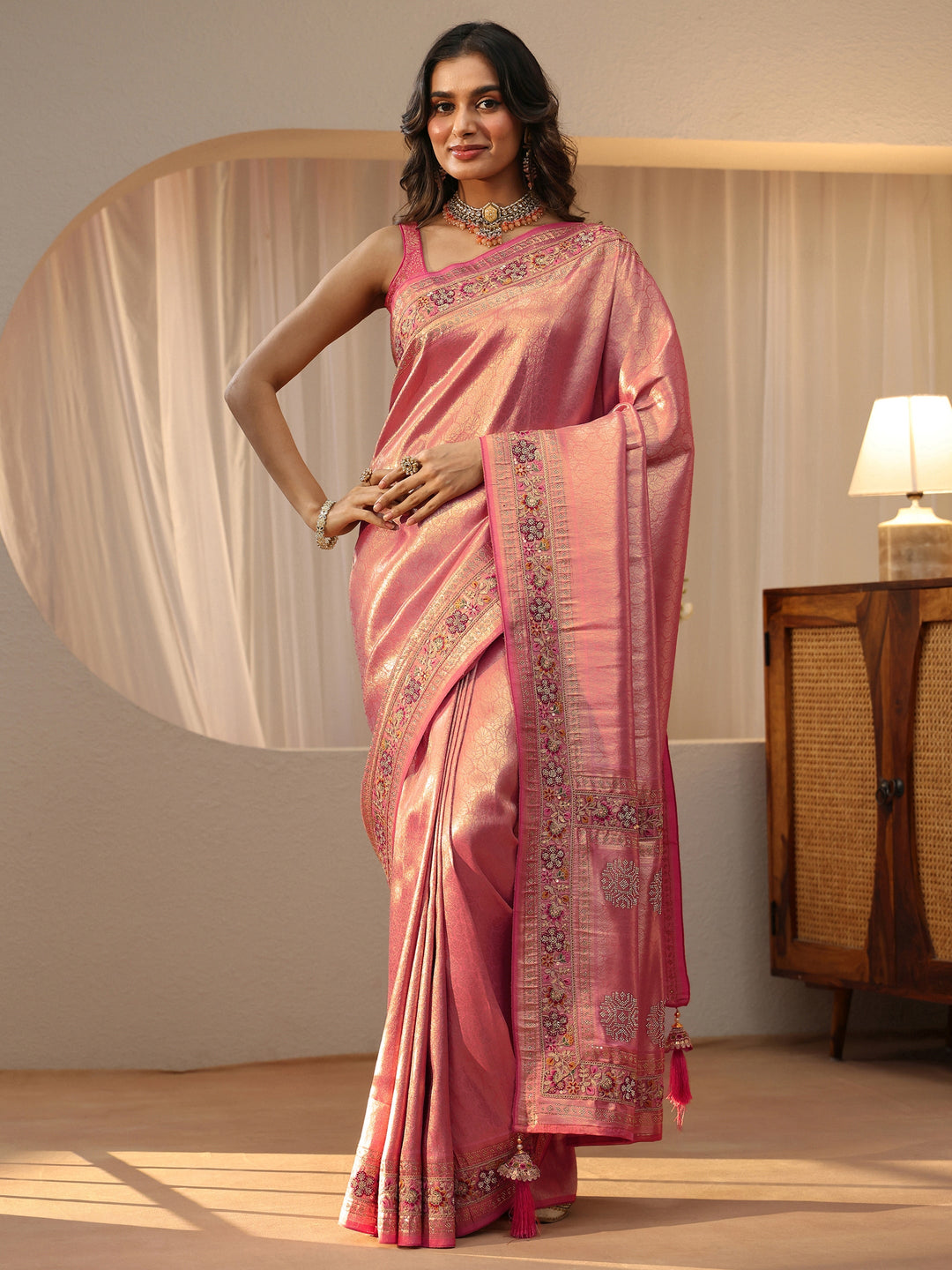 Libas Art Peach Silk Blend Saree with Woven Border 